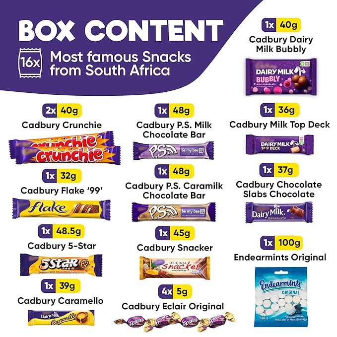 Chocolate Gift Box – 16-Piece Assorted Chocolate Bars Snack Pack Imported from South Africa Includes Flake Crunchies Caramello Dairy Milk Variety