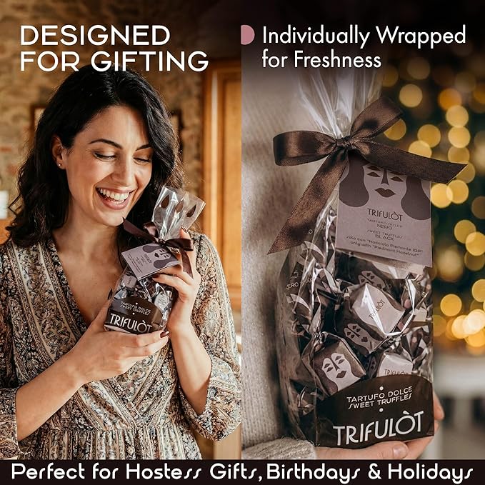 TartufLanghe Trifulot Dark Chocolate Truffles with Piedmont Hazelnuts - Crunchy Black Praline Gourmet Italian Truffle Candy Fancy Chocolate Gift Bag From Italy Dairy Free - 6.34 oz