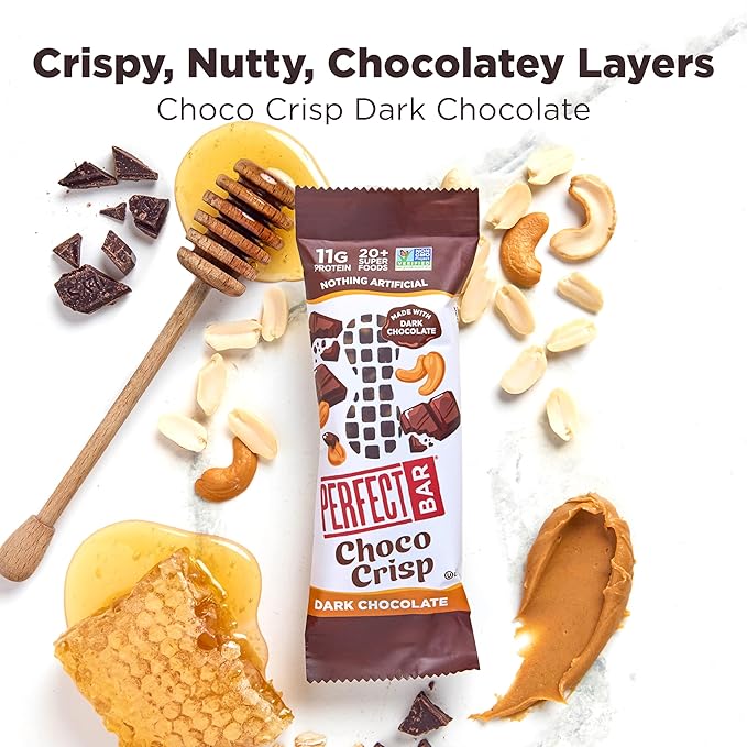 Perfect Bar Choco Crisp Dark Chocolate Nut Butter Protein Bar Protein Snack Gluten Free Soy Free Non GMO No Sugar Alcohols 1.9 Ounce Bar 10 Count
