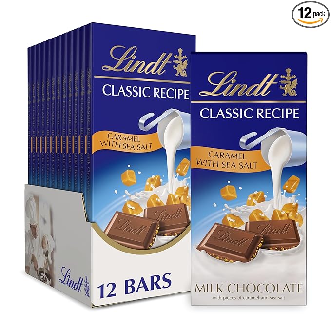 Lindt CLASSIC RECIPE Caramel with Sea Salt Milk Chocolate Bar Milk Chocolate Candy with Pieces of Caramel and Sea Salt 4.4 oz. (12 Pack)