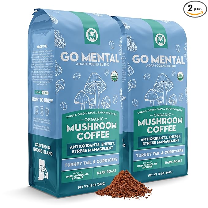 Organic Turkey Tail &amp Cordyceps Mushroom Coffee Dark Roast Antioxidants Immune System Support overall wellness Grade 1 Single Origin Peruvian | 12oz - Ground (2 Pack)