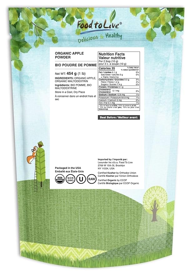 Food to Live Organic Apple Juice Powder 1 Pound - Non-GMO Unsulfured Raw Vegan Bulk Great for Juices Smoothies Yogurts and Instant Breakfast Drinks No Added Sugar No Sulphites
