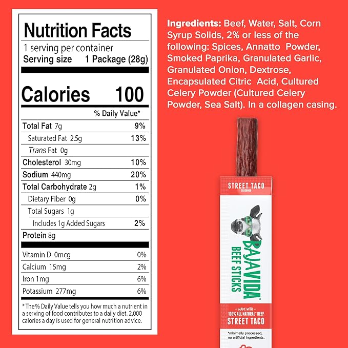 Baja Beef Sticks - Jerky Meat Sticks Healthy Meat Snacks for Adults High Protein Individually Wrapped 100% All Natural Beef Gluten Free Made in the USA - Street Taco 1 Oz (Pack of 16)