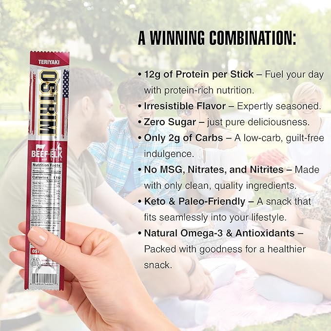Ostrim Beef &amp Elk Jerky Snack Sticks-Teriyaki Flavor 1.5 oz (Pack of 10)