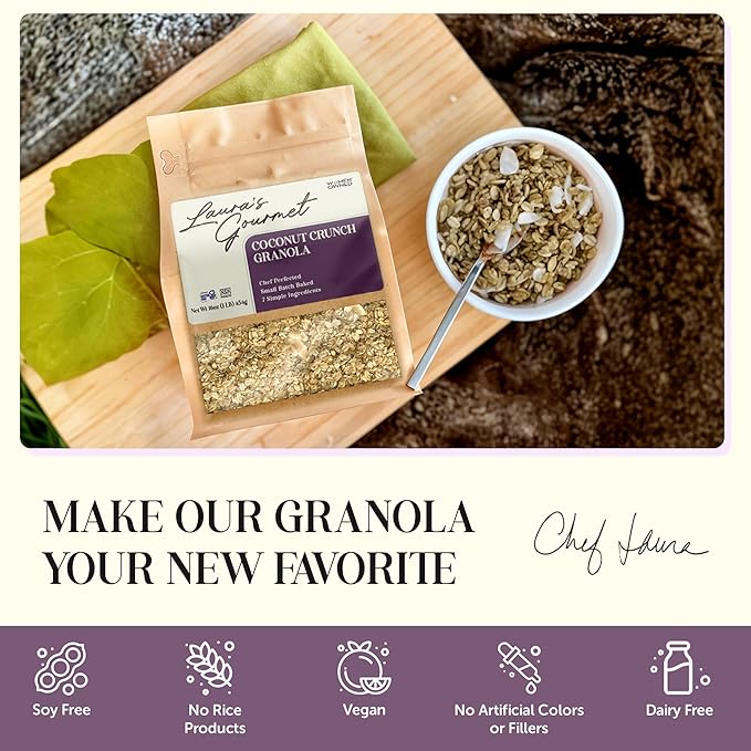 Laura's Gourmet Granola - Coconut Crunch - Gluten Soy &amp Dairy Free - Organic Agave Crunchy Coconut Chip Organic Oil Vegan Chef's Trifecta of Taste Texture &amp Mouthfeel - 16 OZ - 2 Pack