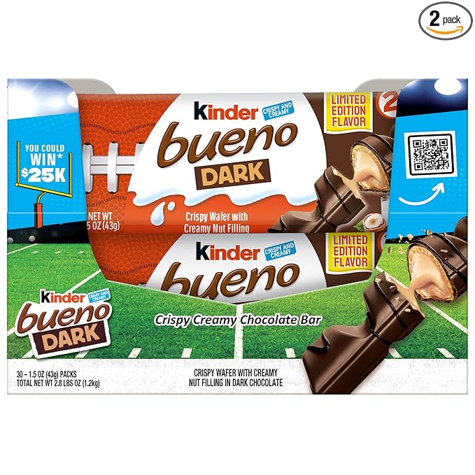 Kinder Bueno Dark Chocolate Bars with Creamy Hazelnut Filling Bulk 30 Count Chocolate Candy Bars for Game Day Football Party Supplies Snacks for Adults 2 Per Pack 1.5 oz Per Pack