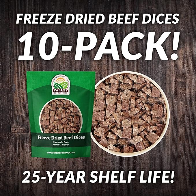 Freeze Dried Beef Dices 10-Bag Bucket 85 Oz | Premium Emergency Food Supply 25 Year Shelf Life | Prepper Supplies Survival Food Off Grid Living Supplies | Valley Food Storage Packaged in USA