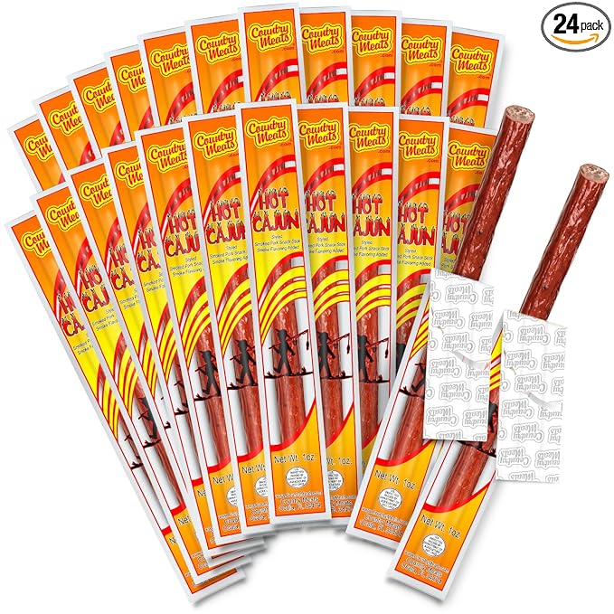 Country Meats Meat Sticks 0 Trans Fat USDA Certified Good Source of Protein Carb Conscious Snack (24 Meat Sticks Hot Cajun)