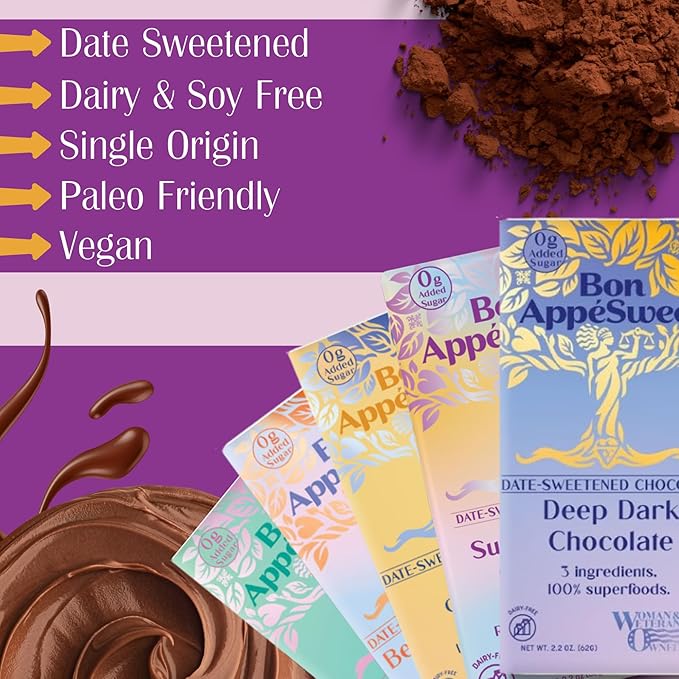 Bon Appesweet Date Sweetened Chocolate Bar - Variety Pack | 2.2 Ounce (Pack of 5) | Organic Zero Added Sugar 37-70% Cacao Plant Based Dairy Free and Guilt Free!