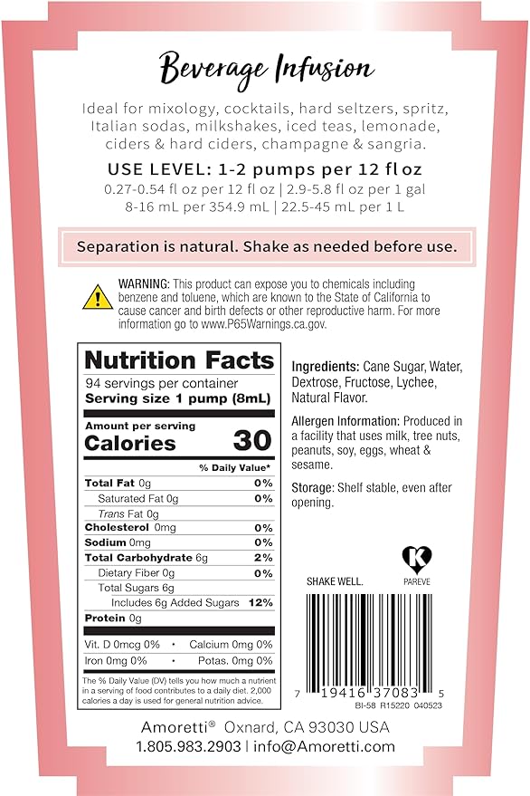 Amoretti - Lychee Beverage Infusion 94 Servings Per Bottle (750 ml) - Drink Mix &amp Water Enhancer with Pump for Flavoring Cocktails Waters Teas and other Beverages Preservative Free