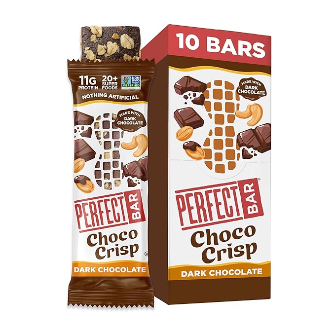 Perfect Bar Choco Crisp Dark Chocolate Nut Butter Protein Bar Protein Snack Gluten Free Soy Free Non GMO No Sugar Alcohols 1.9 Ounce Bar 10 Count