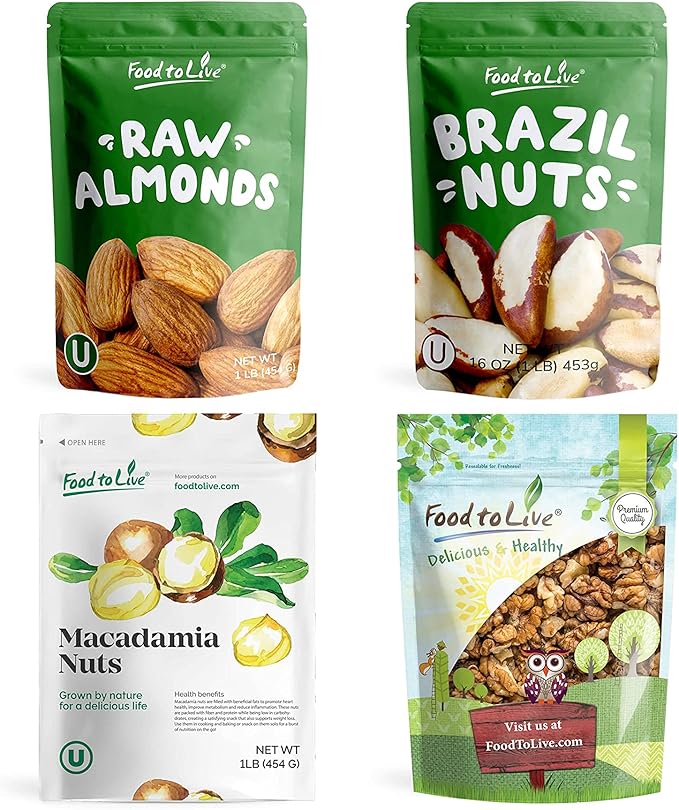 Food to Live Raw Nuts in a Gift Box - Walnuts Almonds Brazil Nuts and Macadamia Nuts
