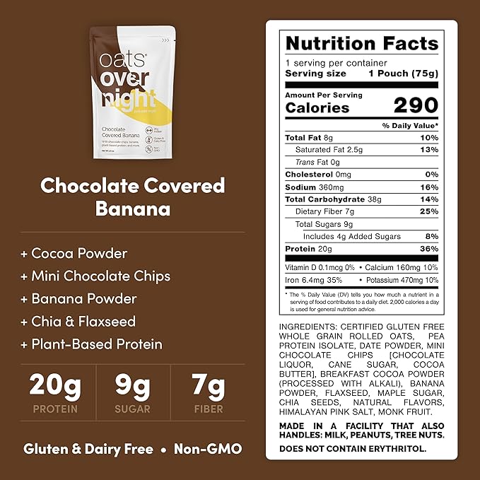 Oats Overnight Chocolate Covered Banana - Overnight Oats with 20g Whey Protein High Fiber Breakfast Protein Shake - Gluten Free Oatmeal Non GMO Protein Oatmeal (2.9 oz per Meal) (8 Pack + Bottle)