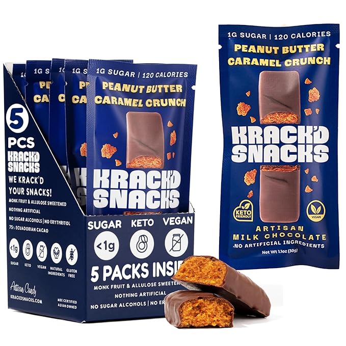 Krack’d Snacks Keto Milk Chocolate Candy Bars 5 Pk- Low Carbs Sugar Free Keto Bar with Peanut Butter Caramel Crunch &amp Allulose | Non GMO Gluten Free Snack