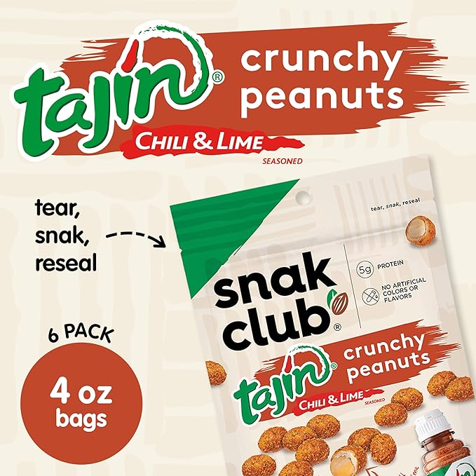 Snak Club Tajin Crunchy Peanuts Nuts with Chili and Lime Seasoning Mild No Artificial Colors or Flavors 4 oz Resealable Bags 6 Pack