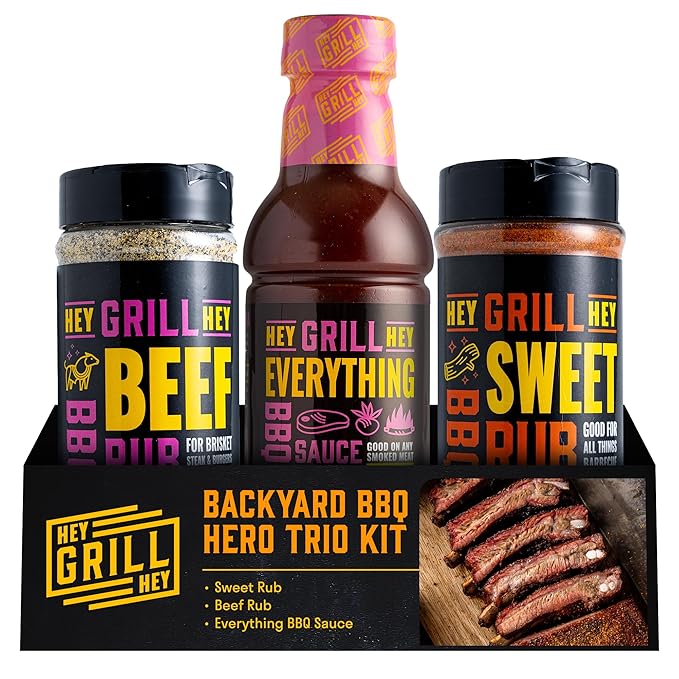 Hey Grill Hey | BBQ Seasoning and Barbeque Sauce Gift Set | Seasoning Set | Beef Rub Sweet Rub Everything Barbecue Sauce | Backyard BBQ Hero Trio
