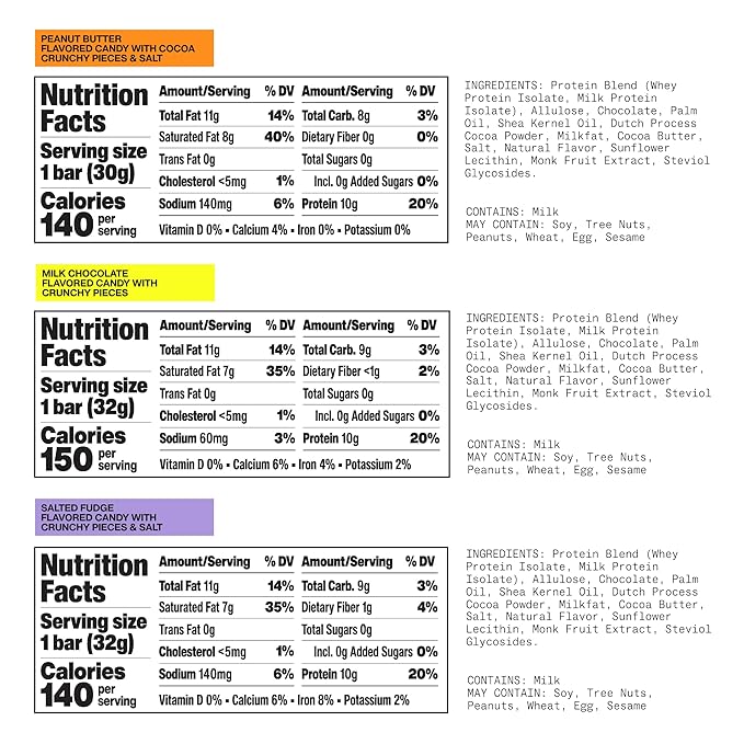 Hormbles Chormbles Protein Candy Bars Variety Pack 10g Protein 0g Sugar Milk Chocolate Peanut Butter Salted Fudge Candy With Crunchy Pieces Sugar Free Snacks or Dessert 9 Pack