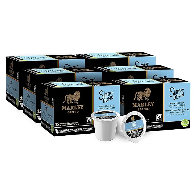 Marley Coffee Simmer Down Decaf Swiss Water Process Medium Roast Coffee Keurig K-Cup Brewer Compatible Pods 12 Count (Pack of 6)