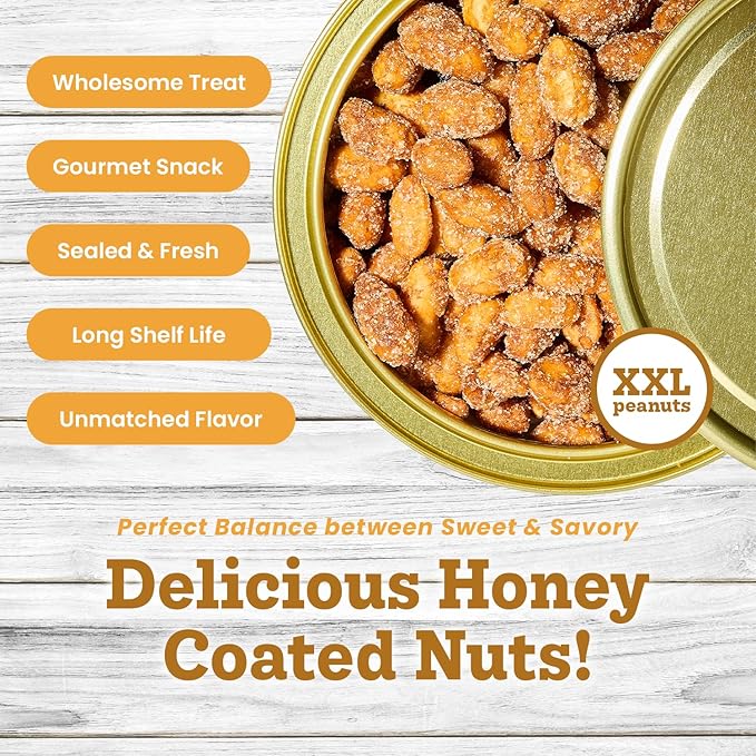 Hubs Peanuts Super Extra-Large Honey Kissed Virginia Peanuts - Premium Virginia Nuts with All-Natural Sweet Honey Coating - Healthy Snacks in Reusable Vacuum-Sealed Tin - 2 Packs of 20 oz Cans