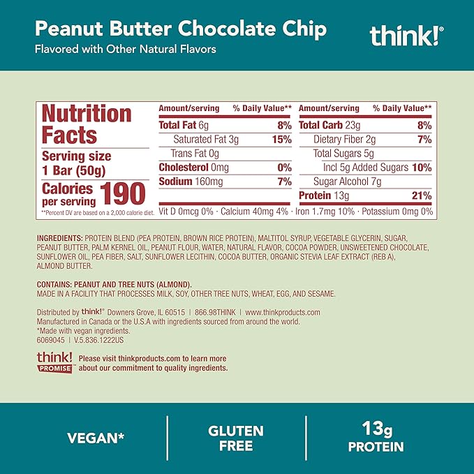 think! Vegan/Plant Based High Protein Bars - Peanut Butter Chocolate Chip 13g Protein 5g Sugar No Artificial Sweeteners Non GMO Project Verified 10 Count (Packaging May Vary)