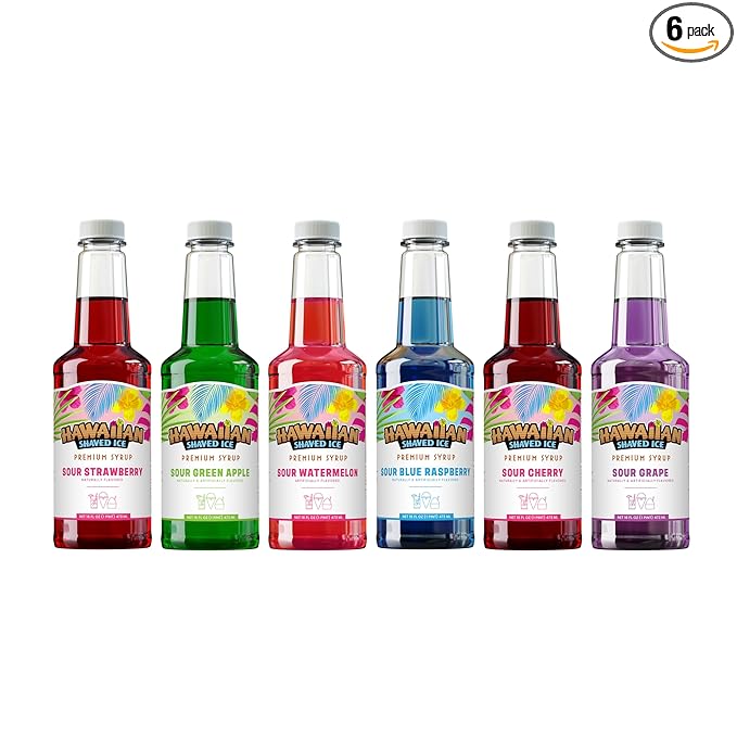 Hawaiian Shaved Ice Syrup Pint 6-pack Sour Cherry Sour Grape Sour Blue Raspberry Sour Green Apple Sour Watermelon &amp Sour Strawberry for Slushies Italian Soda Seltzers Popsicles and More