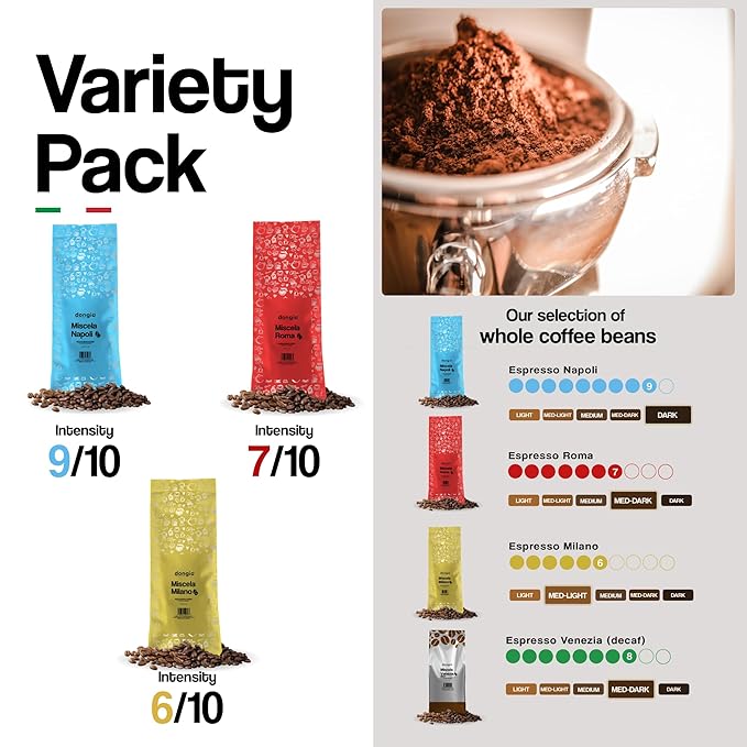 Dongiò Caffè Variety Pack whole bean coffee 3 bags of 2.2 lbs - 100% blended and roasted in Italy (light medium and dark roasts)