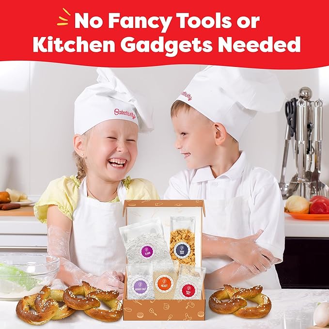 Baketivity Kids Baking Set Meal Cooking Party Supply Kit for Teens Real Fun Little Junior Chef Essential Kitchen Lessons Includes Pre-Measured Ingredients (Kit +Hat &amp Apron Pretzel)