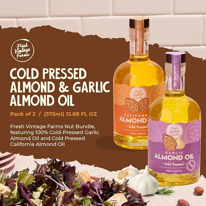 Fresh Vintage Farms Nut Bundle 100% Cold Pressed Almond &amp Garlic Almond Cooking Oils | Cold Pressed &amp Nutritious Healthy Oils for Cooking Baking Dipping Salads &amp Marinades | 375ml Pac