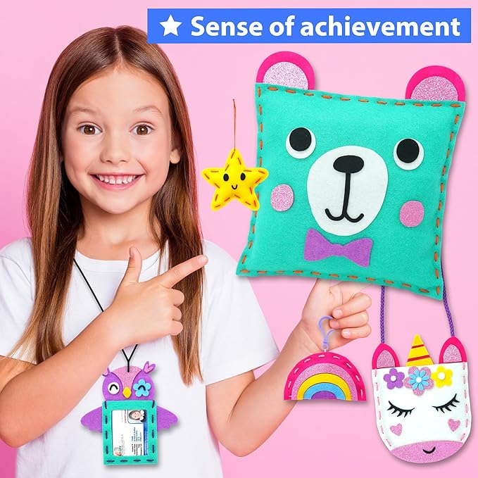 KRAFUN My First Sewing Kit for Beginner Kids Arts &amp Crafts 7 Easy DIY Projects of Stuffed Animal Dolls and Plush Pillow Craft Instructions &amp Felt Gift for Girls Boys Learn to Sew Embroid