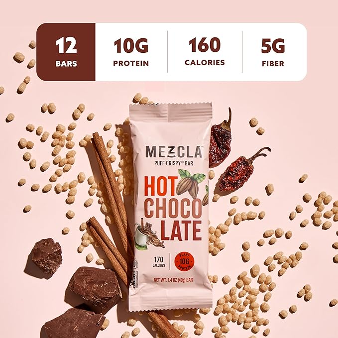 Mezcla Puff-Crispy Plant Based Protein Bars - Hot Chocolate - Healthy Snacks for Kids &amp Adults - Granola Bars for School Travel &amp Office Snacks - Gluten Free Vegan Non GMO 10g Protein - 1