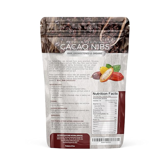 Cacao Nibs Organic - 100% Dark Chocolate Chips - Raw Unsweetened Cocoa Pieces - 16 Oz - Keto and Vegan Superfood - Healthy Sugar Free Snack or Add to Smoothies or Baking by Pure Natural Miracles