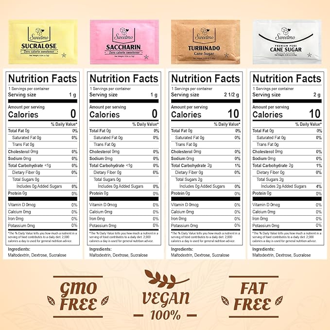 Sweetmo Sugar Packets Variety Pack - Sucralose Raw Sugar Saccharin Cane Sugar with Wooden Stirrers - 400 Count for Coffee Tea Office Breakrooms Home &amp Airbnb