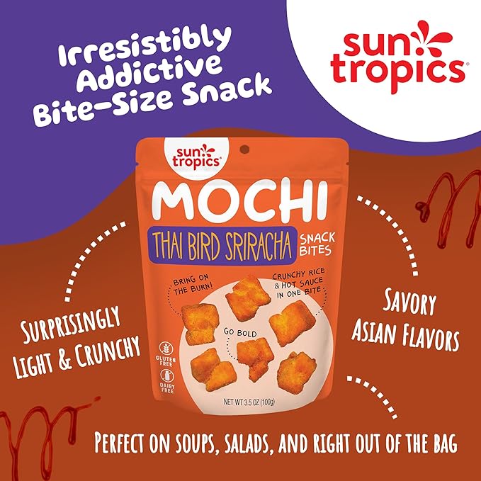 Sun Tropics Mochi Snack Bites Thai Bird Sriracha Flavor- 3.5 oz (6 Pack)| Crispy Spicy Mochi Bites Rice Nuggets | Mochi Puff Rice Crackers- Gluten Free &amp Dairy Free- No MSG Added | Asian Rice Sn