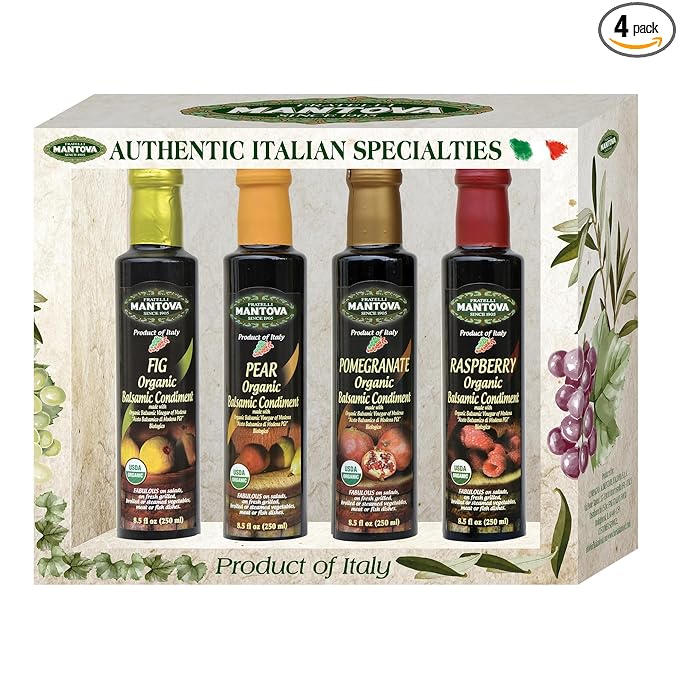 Mantova Organic Flavored Balsamic Vinegar of Modena 4-Variety Pack: Fig Pear Pomegranate &amp Raspberry Perfect for Gift Basket Add to Pasta Salad Ice Cream and Cocktails 8.5 oz per bottle