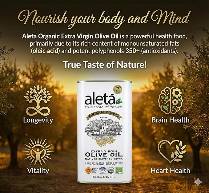 Aleta Farms Olive Oil Extra Virgin USDA Organic Single Estate PDO Polyphenol Rich Olive Oil Cold Pressed Global Gold Awards Kosher 33.8 Fl oz (1 Ltr) Pack of 2