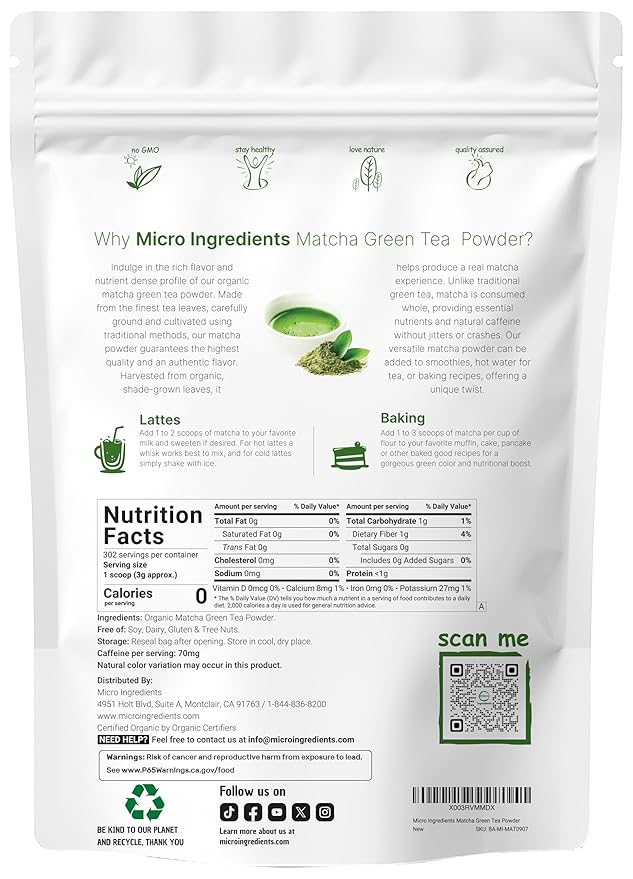 Micro Ingredients Organic Matcha Green Tea Powder 2 lb | First Harvest Culinary Grade from Japan | 100% Pure &amp Unflavored | Great for Tea Latte &amp Smoothies | Non-GMO 0 Calories Eco-Friend