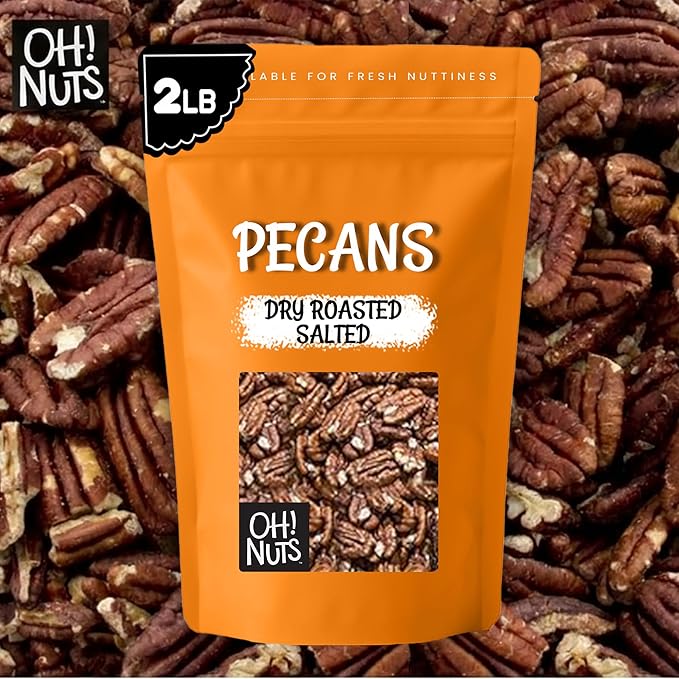 Oh! Nuts Pecans Dry Roasted Salted - All Natural Salted Pecans Halves - 2 lb Bulk Bag - Oil-Free Crunchy Snack