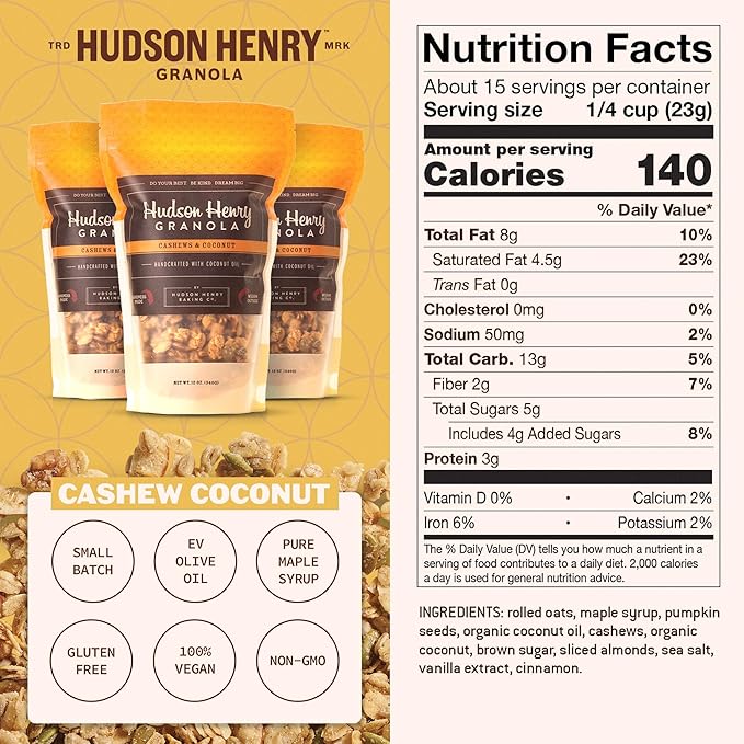 Hudson Henry Cashew Coconut Granola for Yogurt Snacking &amp Cereal | Gluten Free with Nuts and Seeds | Cashew Granola Non-GMO Small Batch Baked | 3 x 12 oz Bags
