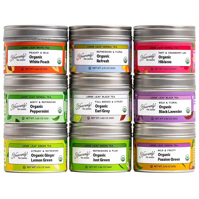Heavenly Tea Leaves Organic Assorted 9 Loose Leaf Tea Gift Box (Approx. 90 Cups of Tea) - Sampler Set of 9 Teas &amp Herbal Tisanes Great Hot or Iced High to No Caffeine