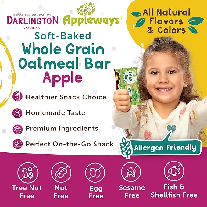 Appleways Apple Oatmeal Bars 2.4 oz 160 Count - Individually Wrapped Whole Grain Soft Baked Oat Snack Bars Healthy and Nut-Free Breakfast Bar Snacks for On the Go Made in USA (24 lbs Total)