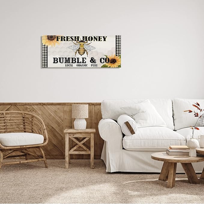 Stupell Industries Fresh Honey Bumble &amp Co. Advertisement Sunflowers Bee Canvas Wall Art 40 x 17 Yellow