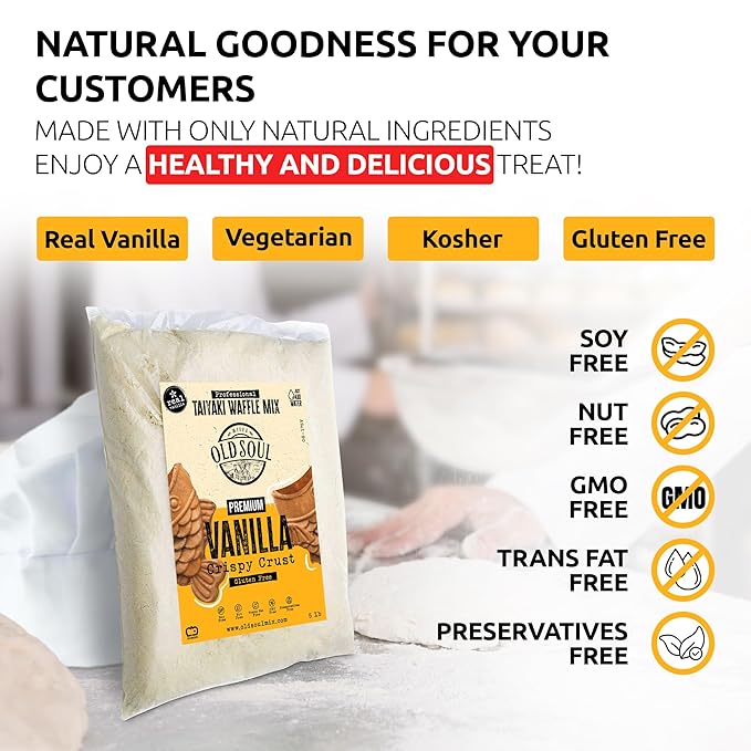 OldSoul Professional Taiyaki Waffle Mix | GLUTEN FREE | Crispy | Vanilla Flavor | 30 Lbs | 504 Waffles (30 Lbs Gluten Free)