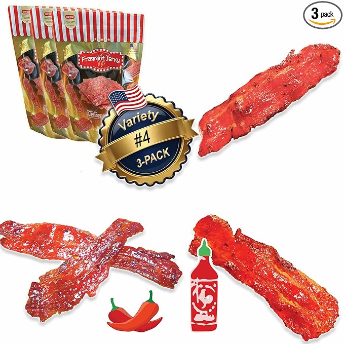 VP#6 ALL BACON JERKY - MIXED FLAVORS (Original Spicy Sriracha Bacon each 4oz) *Fresh Grilled to Order *Shipped the Same Day *L.A. Times Handmade Gift Winner