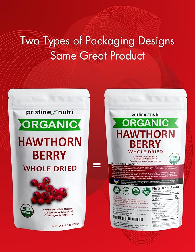 1.5 lbs (24 oz) 100% Organic Hawthorn Berries Dried Bulk | Make Hawthorn Berry Tea | European Wildcrafted Berries | Make Wellness Tea for Heart Support Blood Pressure and Stress Relief