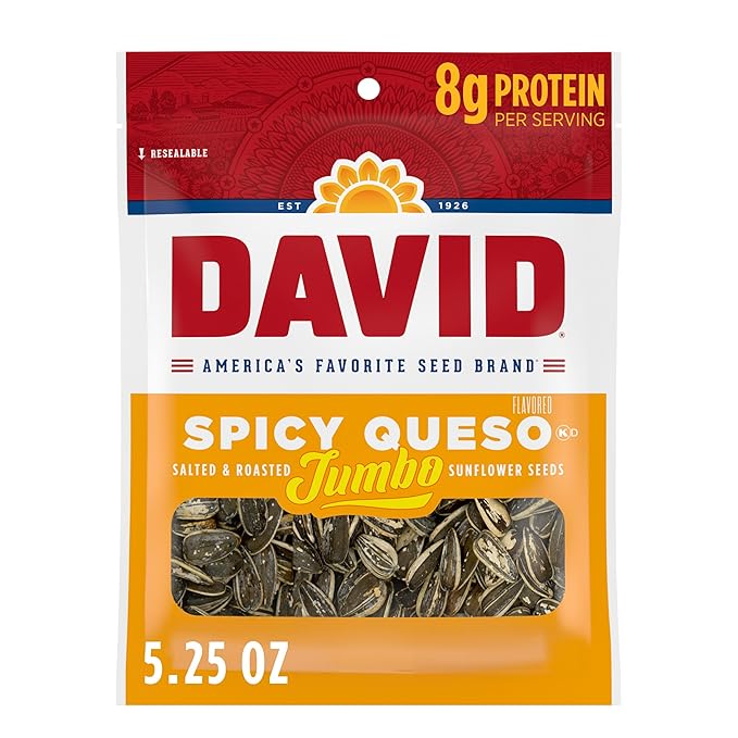 DAVID Roasted and Salted Spicy Queso Jumbo Sunflower Seeds Keto Friendly 5.25 oz 12 Pack