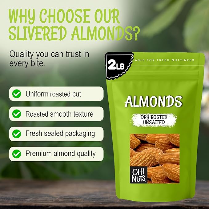Oh! Nuts Almonds - Dry Roasted Unsalted Almonds - 2 lb - No Salt No Oil All-Natural Protein - Packed in New York Zip-Seal Bag for Exceptional Freshness