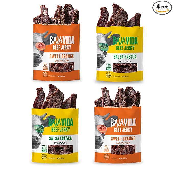 BAJA BEEF Jerky Snack Packs - Beef Jerky Variety Pack Beef Jerky Gifts for Men Beef Jerky Sampler High Protein Craft Jerky Assortment Gluten Free - Sweet Orange &amp Salsa Fresca 2.5 Oz (4 Pack)