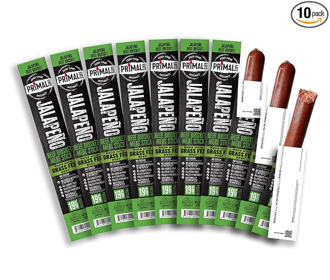 Primal Eats Jalapeno 100% Grass Fed Beef Brisket Meat Sticks 3oz 10-Pack - 19g Lean Meat Protein Keto Paleo Carnivore Gluten Free Zero Sugar Beef Jerky Snack Stick