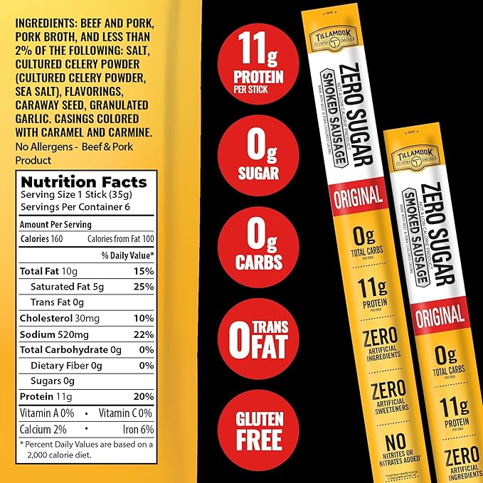 Tillamook Country Smoker Zero Sugar Beef &amp Pork Sticks Variety Pack (18 Count) - Original Spicy Jalapeno &amp Teriyaki Flavors Keto-Friendly Real Hardwood Slow-Smoked 11g Protein Per Serving