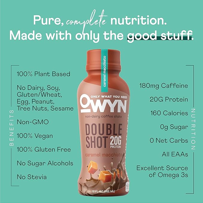 OWYN Only What You Need Double Shot Dairy Free Keto Protein Coffee Shake Caramel Macchiato 0g Sugar 20g Plant Based Protein 180mg Caffeine Gluten &amp Soy Free Non-GMO Vegan (12 Pack 12 Fl Oz